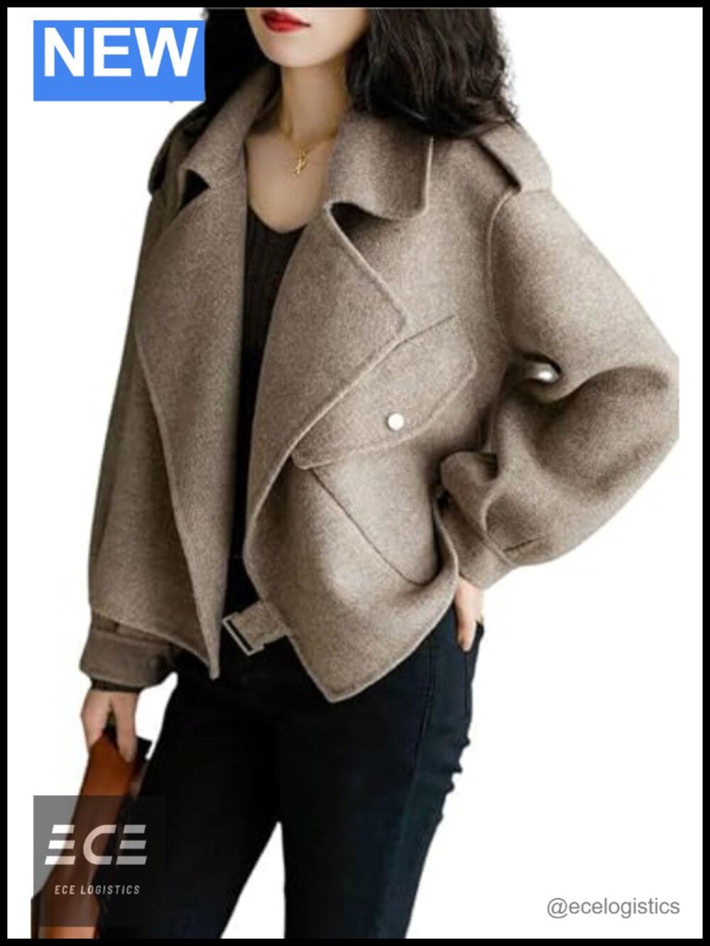 Wool Blend Cropped Blazer Coat Open Front Notch Collar Business Casual